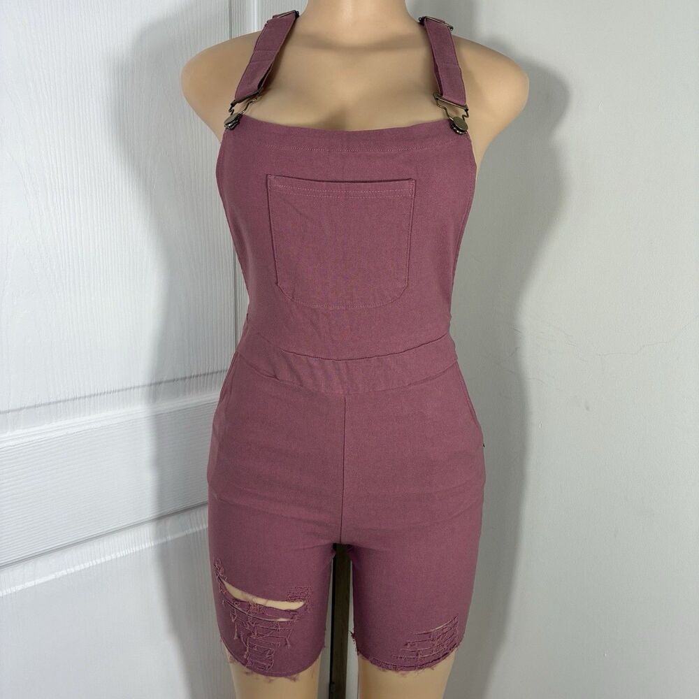 New Shortall Overalls Womens sz L Stretch Boyfriend Pink/Mauve Cut Off